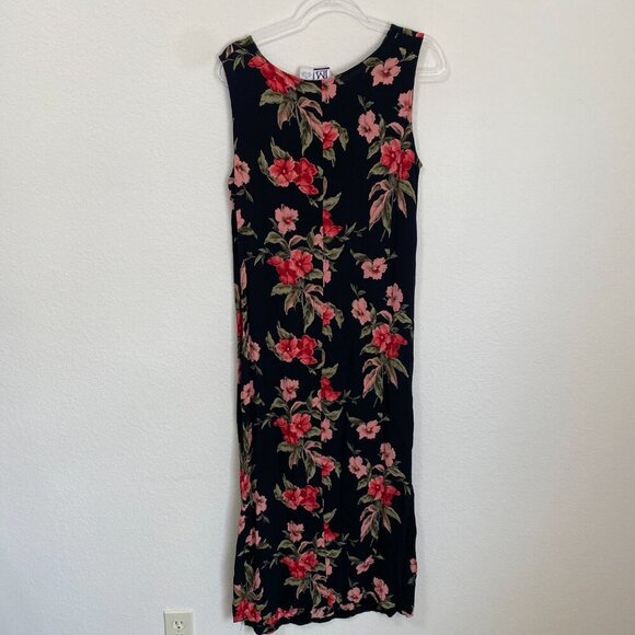 Vintage 90's JM Collection Black Pink Red Floral Midi Dress Sleeveless - Picture 6 of 7